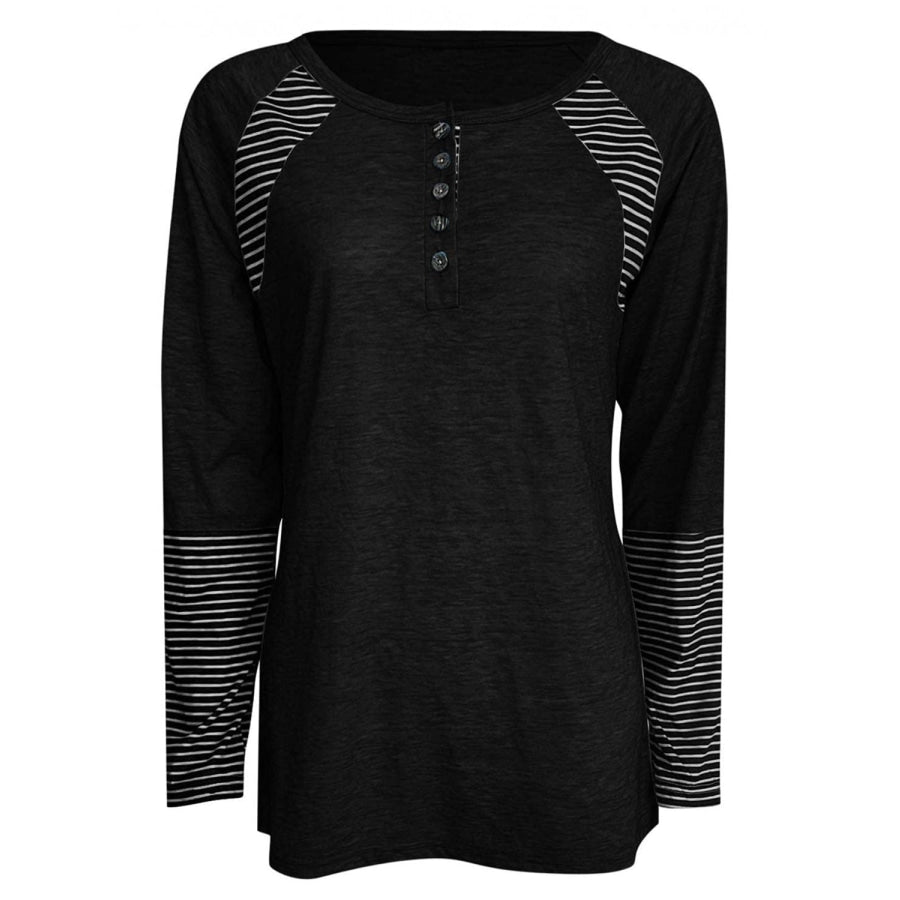 Full Size Striped Quarter Button Long Sleeve T-Shirt Apparel and Accessories