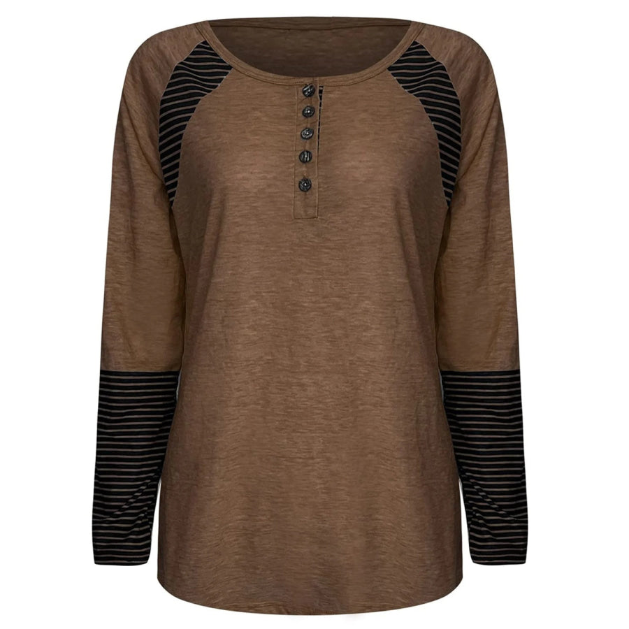 Full Size Striped Quarter Button Long Sleeve T-Shirt Apparel and Accessories