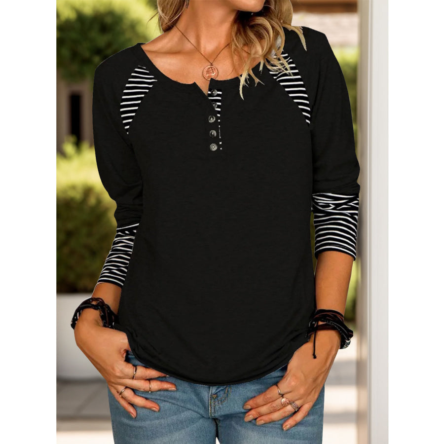 Full Size Striped Quarter Button Long Sleeve T-Shirt Black / S Apparel and Accessories