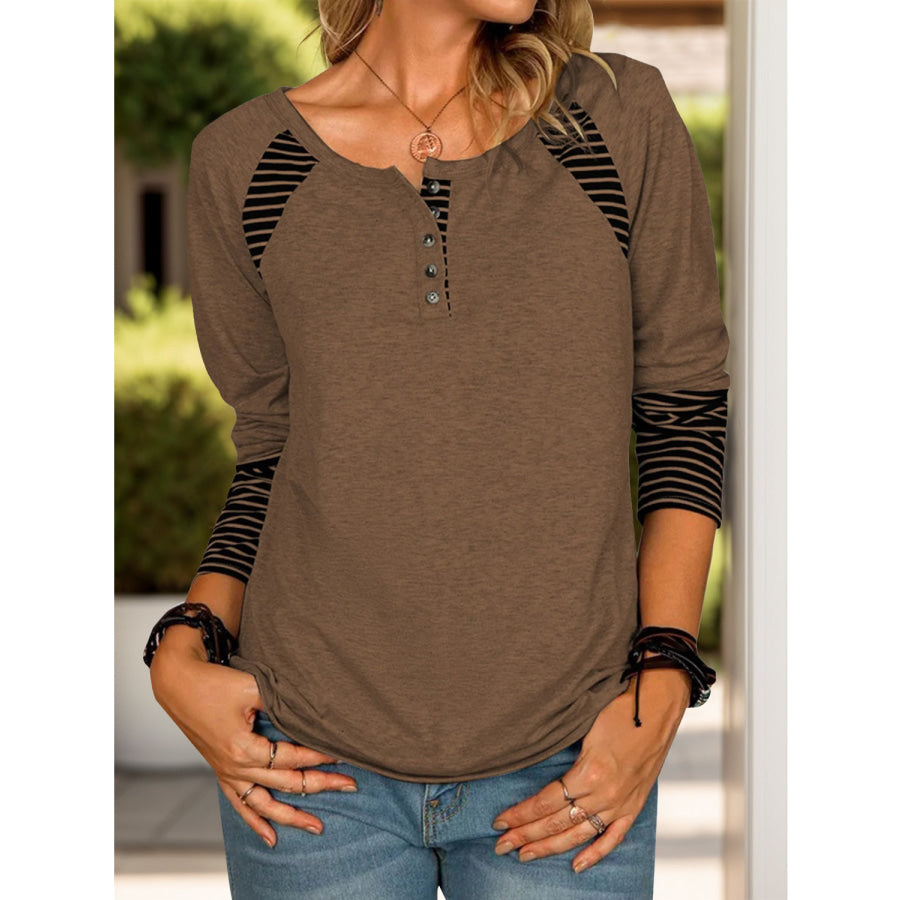 Full Size Striped Quarter Button Long Sleeve T-Shirt Coffee Brown / S Apparel and Accessories