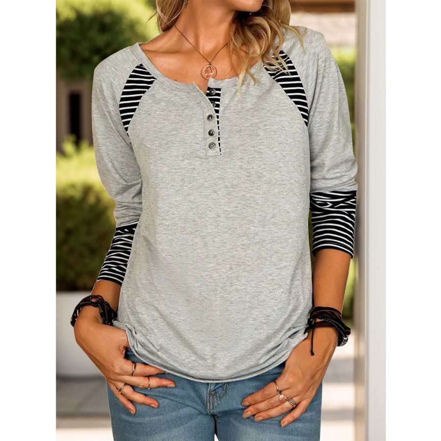 Full Size Striped Quarter Button Long Sleeve T-Shirt Gray / S Apparel and Accessories