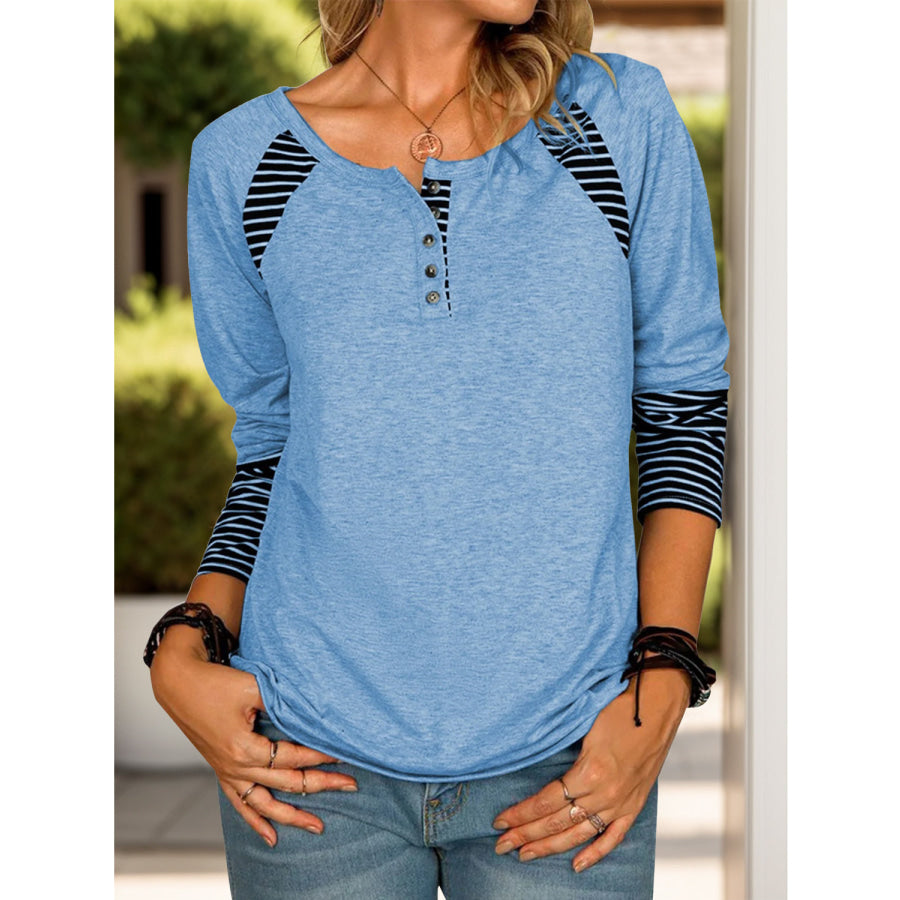 Full Size Striped Quarter Button Long Sleeve T-Shirt Light Blue / S Apparel and Accessories