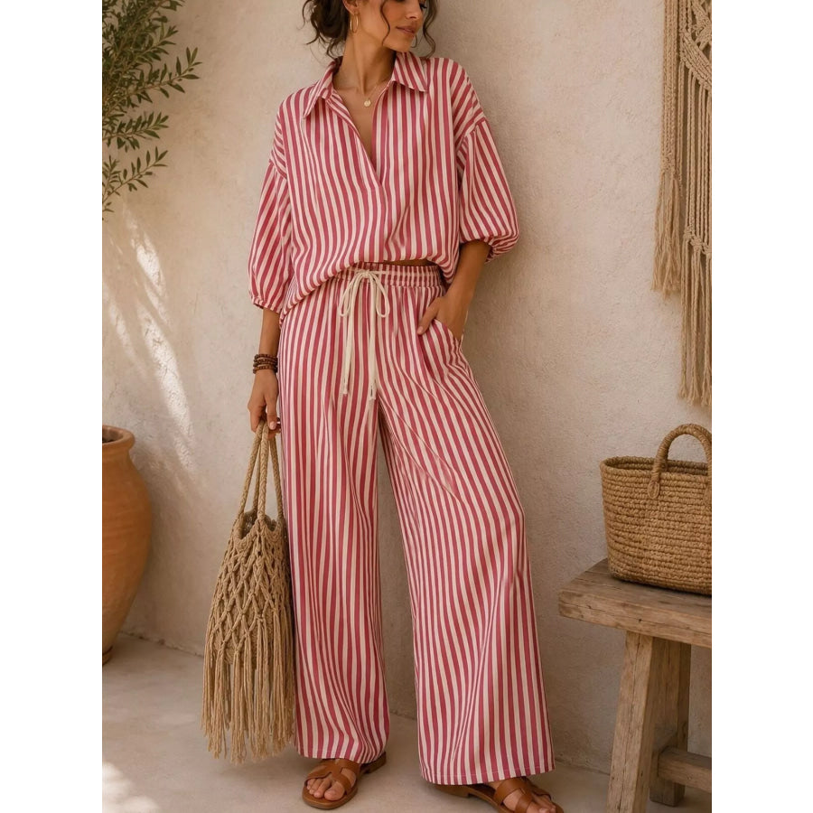 Full Size Striped Relaxed Fit Shirt and Wide-Leg Pants Set Plus Size Apparel and Accessories