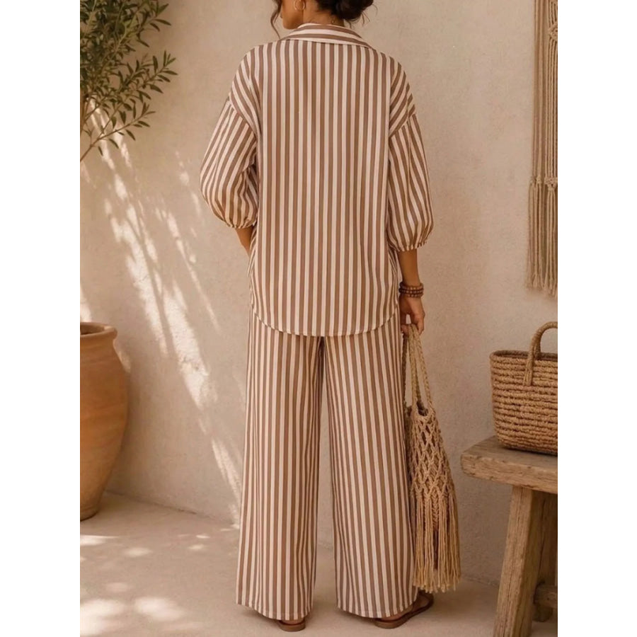Full Size Striped Relaxed Fit Shirt and Wide-Leg Pants Set Plus Size Apparel and Accessories