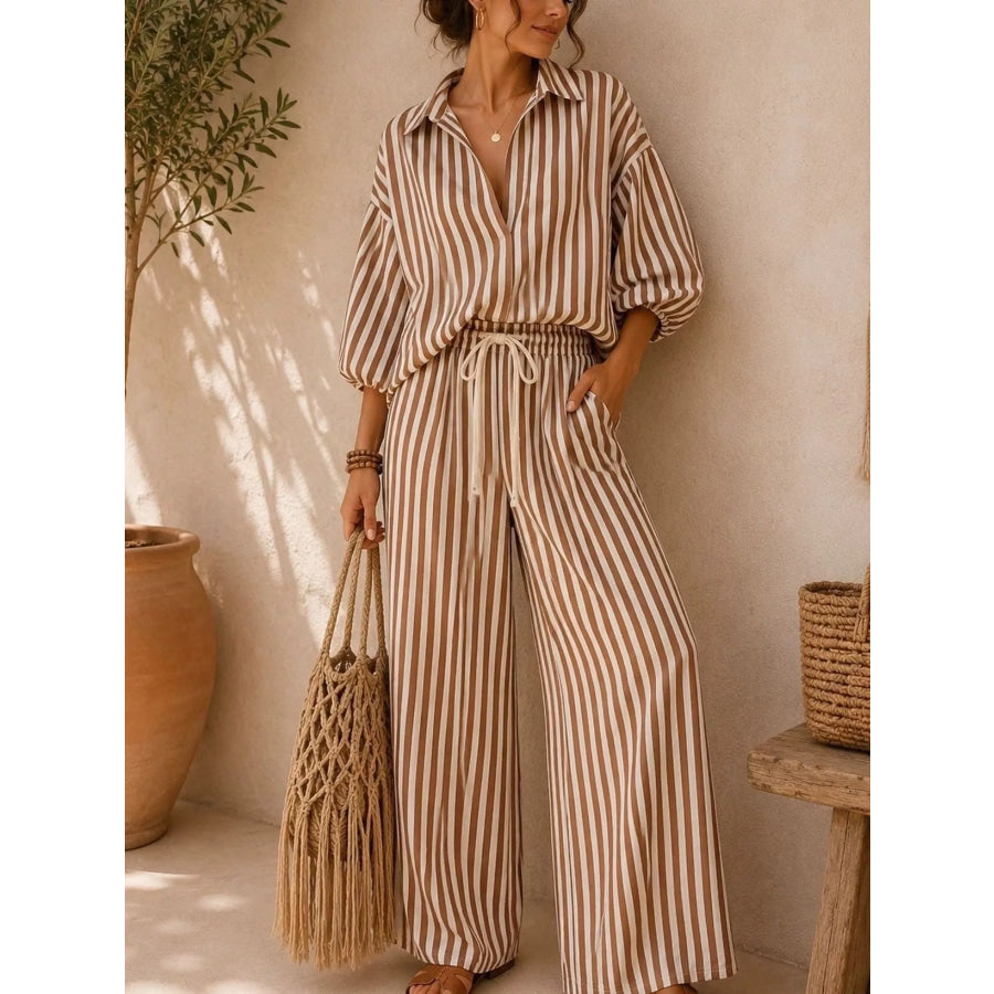 Full Size Striped Relaxed Fit Shirt and Wide-Leg Pants Set Plus Size Camel / S Apparel and Accessories