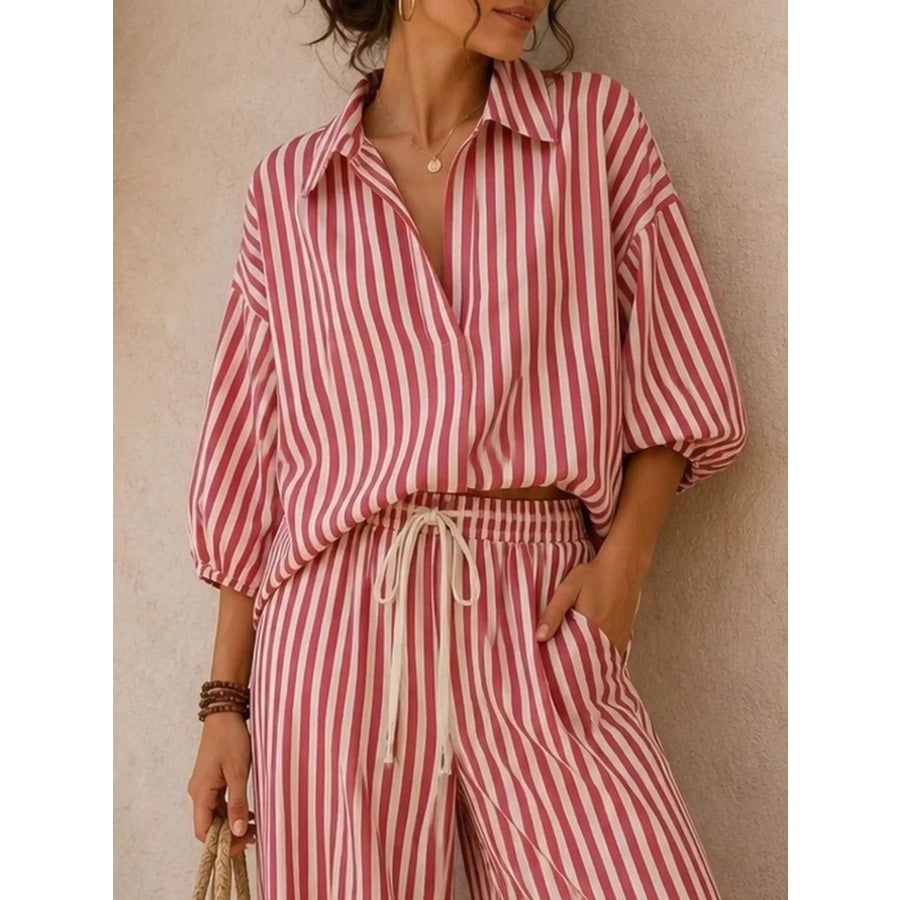 Full Size Striped Relaxed Fit Shirt and Wide-Leg Pants Set Plus Size Dusty Pink / S Apparel and Accessories