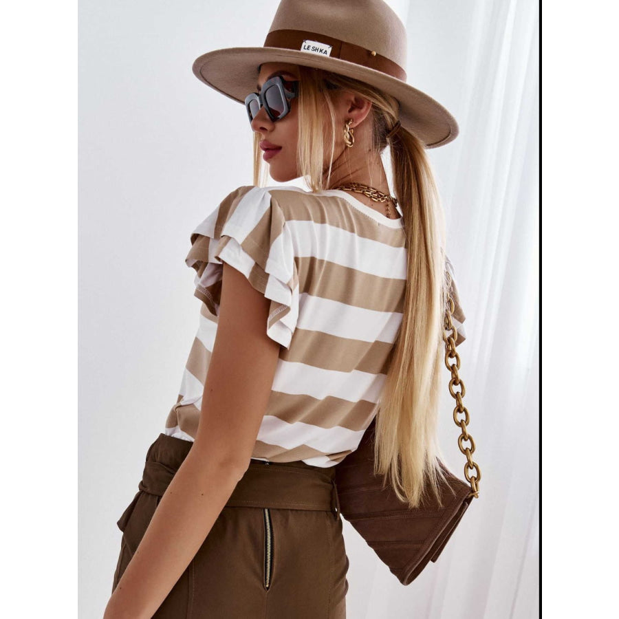 Full Size Striped Round Neck Cap Sleeve T-Shirt Camel / S Apparel and Accessories