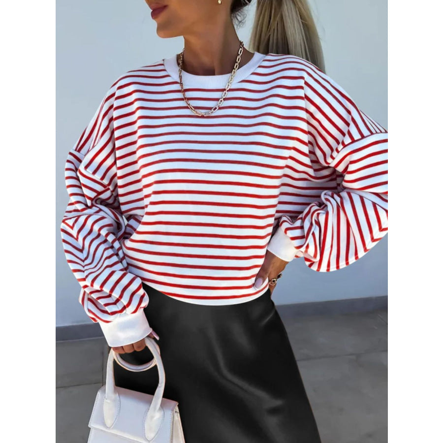 Full Size Striped Round Neck Long Sleeve Sweatshirt Plus Size Apparel and Accessories