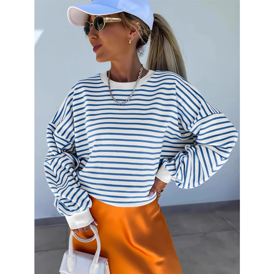 Full Size Striped Round Neck Long Sleeve Sweatshirt Plus Size Apparel and Accessories