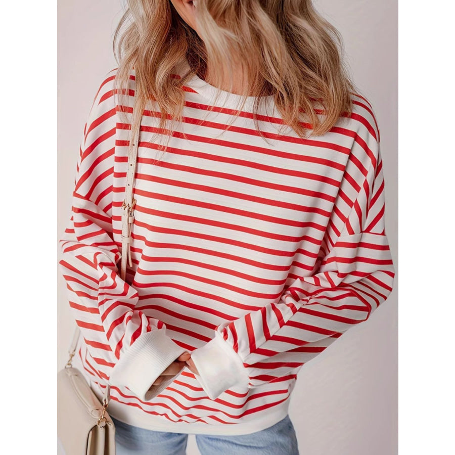 Full Size Striped Round Neck Long Sleeve Sweatshirt Plus Size Apparel and Accessories