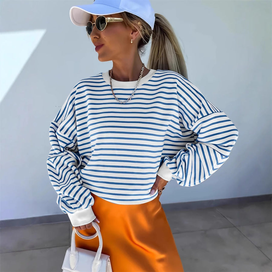 Full Size Striped Round Neck Long Sleeve Sweatshirt Plus Size Blue / L Apparel and Accessories