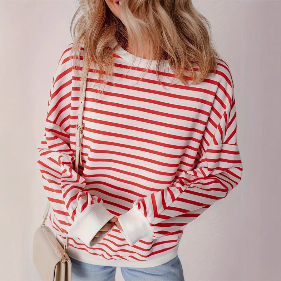 Full Size Striped Round Neck Long Sleeve Sweatshirt Plus Size Orange-Red / L Apparel and Accessories