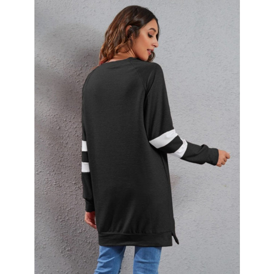 Full Size Striped Round Neck Long Sleeve T-Shirt Black / S Apparel and Accessories