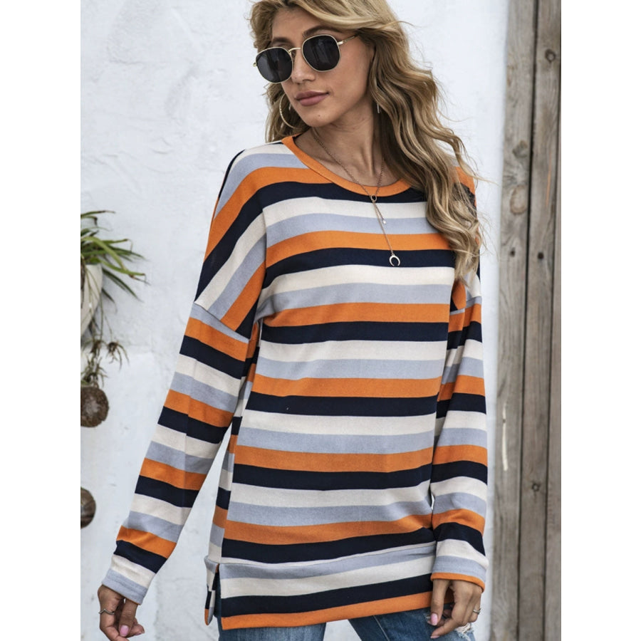 Full Size Striped Round Neck Long Sleeve T-Shirt Plus Size Apparel and Accessories