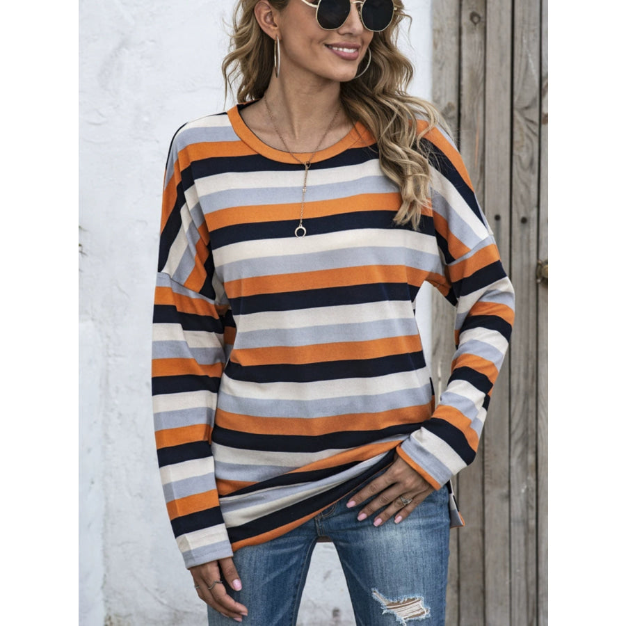 Full Size Striped Round Neck Long Sleeve T-Shirt Plus Size Apparel and Accessories