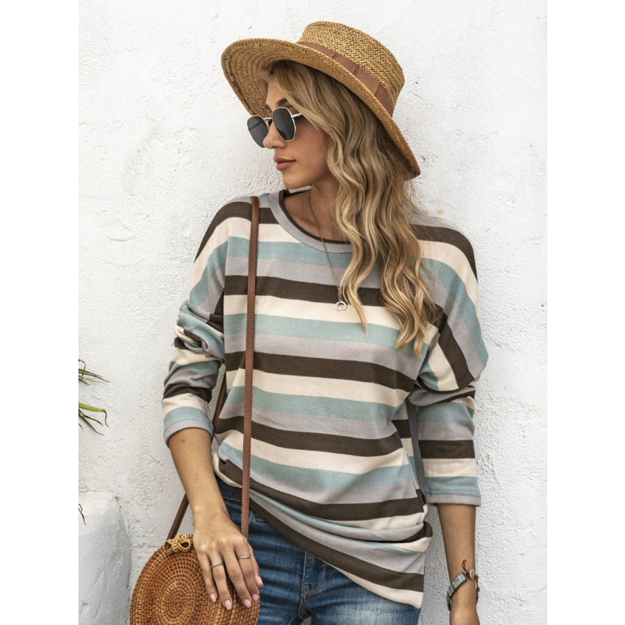 Full Size Striped Round Neck Long Sleeve T-Shirt Plus Size Chocolate / S Apparel and Accessories