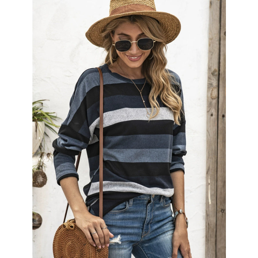 Full Size Striped Round Neck Long Sleeve T-Shirt Plus Size Apparel and Accessories