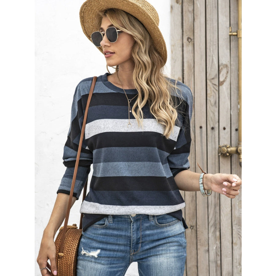 Full Size Striped Round Neck Long Sleeve T-Shirt Plus Size Apparel and Accessories