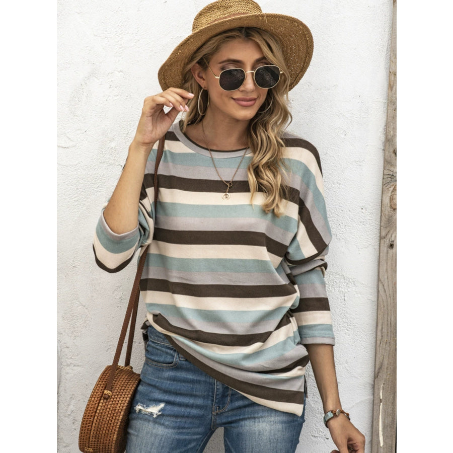 Full Size Striped Round Neck Long Sleeve T-Shirt Plus Size Chocolate / S Apparel and Accessories