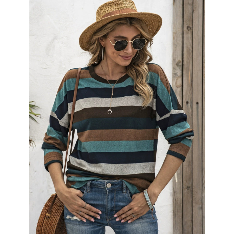 Full Size Striped Round Neck Long Sleeve T-Shirt Plus Size Deep Teal / S Apparel and Accessories