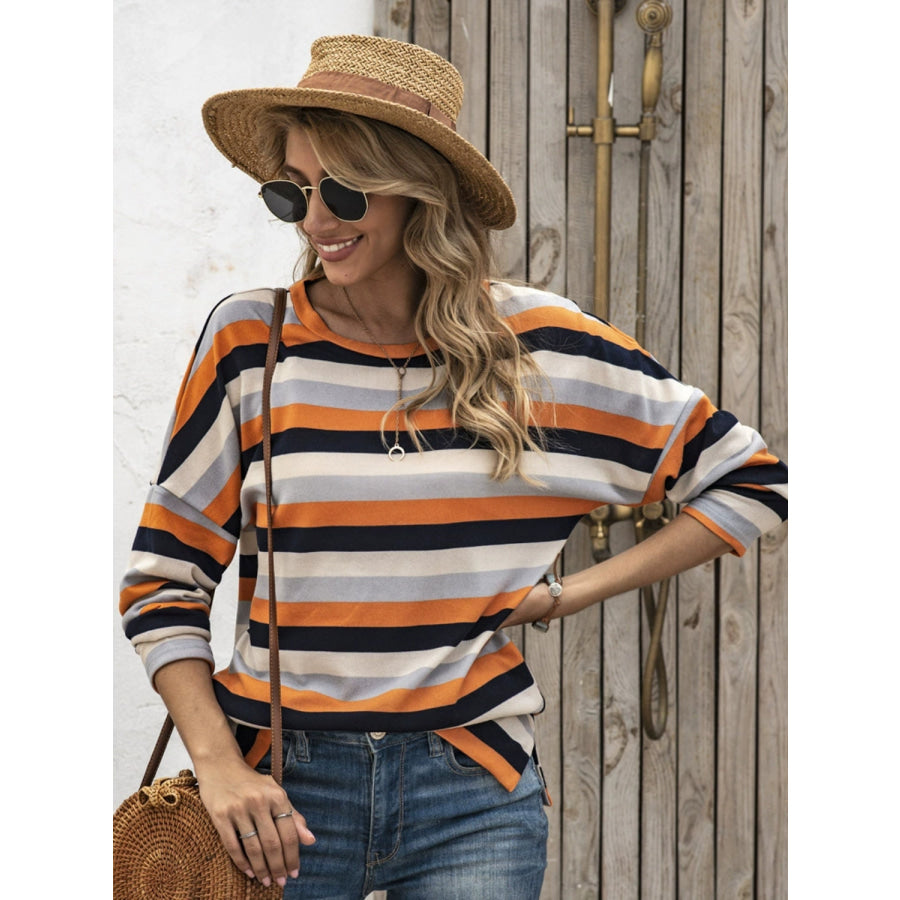 Full Size Striped Round Neck Long Sleeve T-Shirt Plus Size Tangerine / S Apparel and Accessories