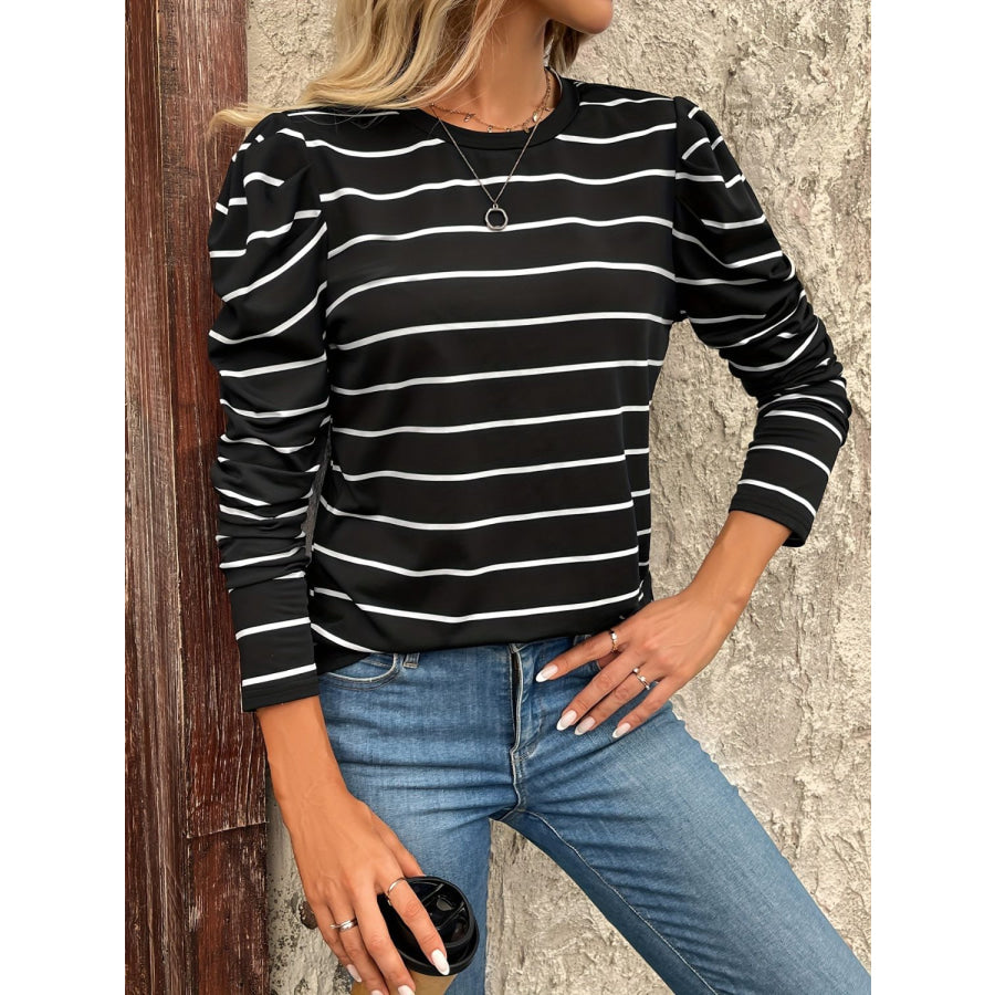 Full Size Striped Round Neck Puff Sleeve T-Shirt Apparel and Accessories