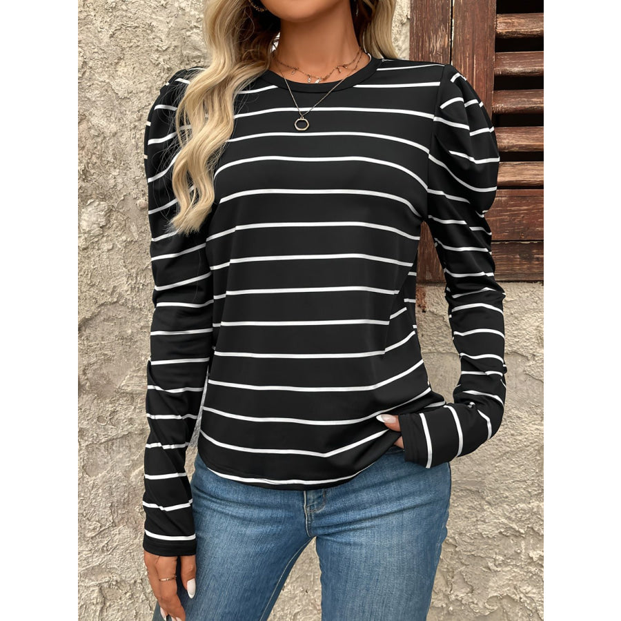 Full Size Striped Round Neck Puff Sleeve T-Shirt Apparel and Accessories