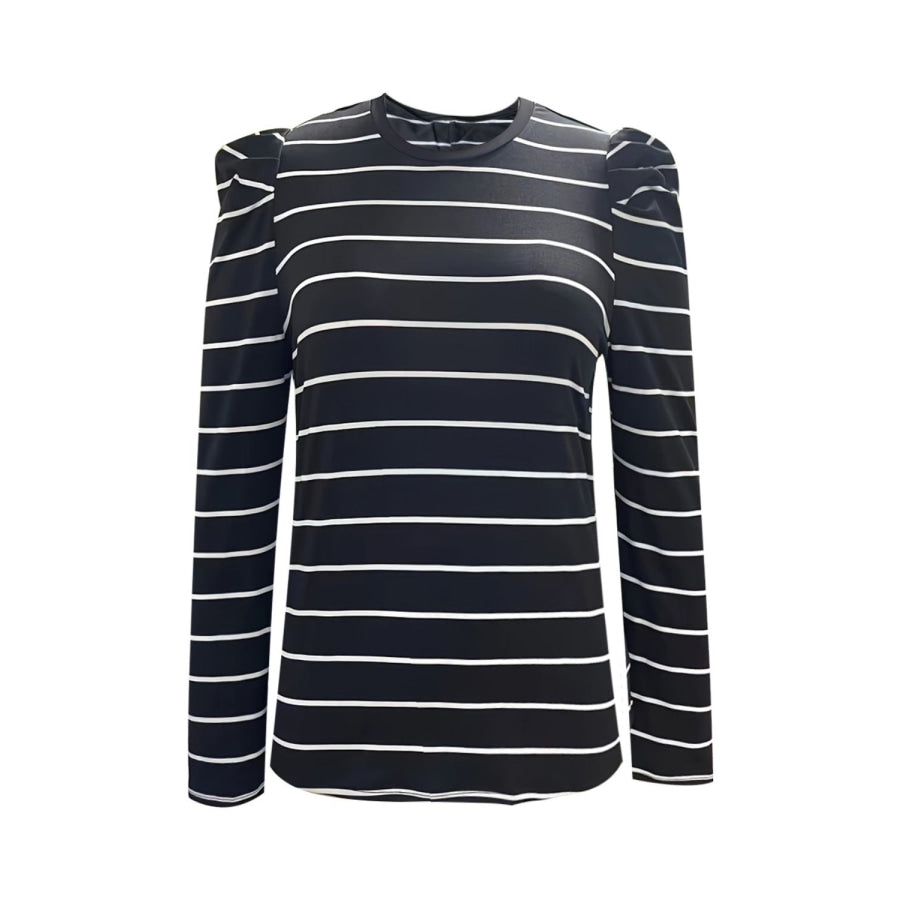 Full Size Striped Round Neck Puff Sleeve T-Shirt Apparel and Accessories