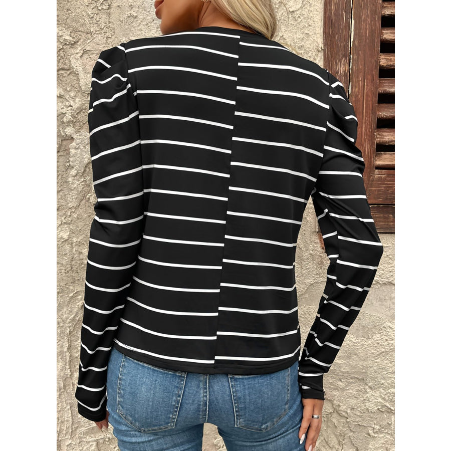 Full Size Striped Round Neck Puff Sleeve T-Shirt Apparel and Accessories