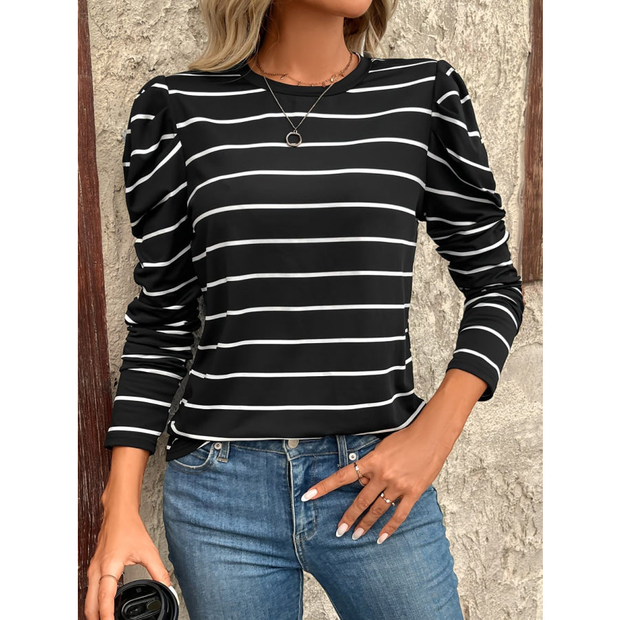 Full Size Striped Round Neck Puff Sleeve T-Shirt Black / S Apparel and Accessories