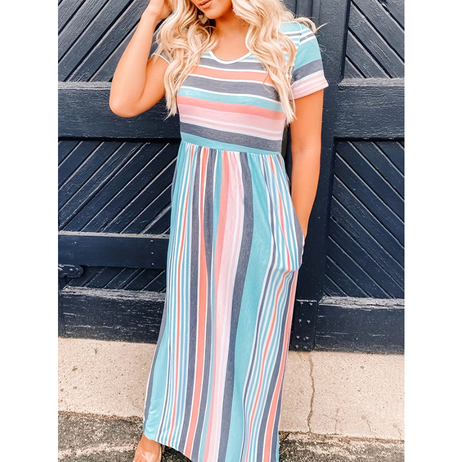 Full Size Striped Round Neck Short Sleeve Dress Stripe / S Apparel and Accessories