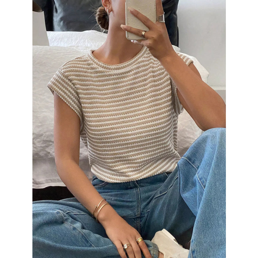 Full Size Striped Round Neck Short Sleeve T-Shirt Plus Apricot / S Apparel and Accessories