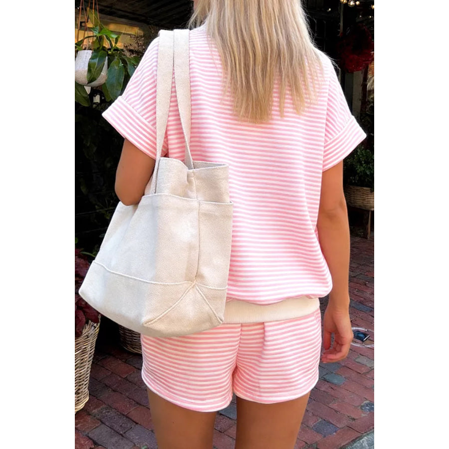 Full Size Striped Round Neck Tee and Shorts Set Plus Size Apparel and Accessories