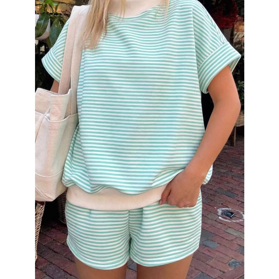 Full Size Striped Round Neck Tee and Shorts Set Plus Size Light Green / S Apparel and Accessories