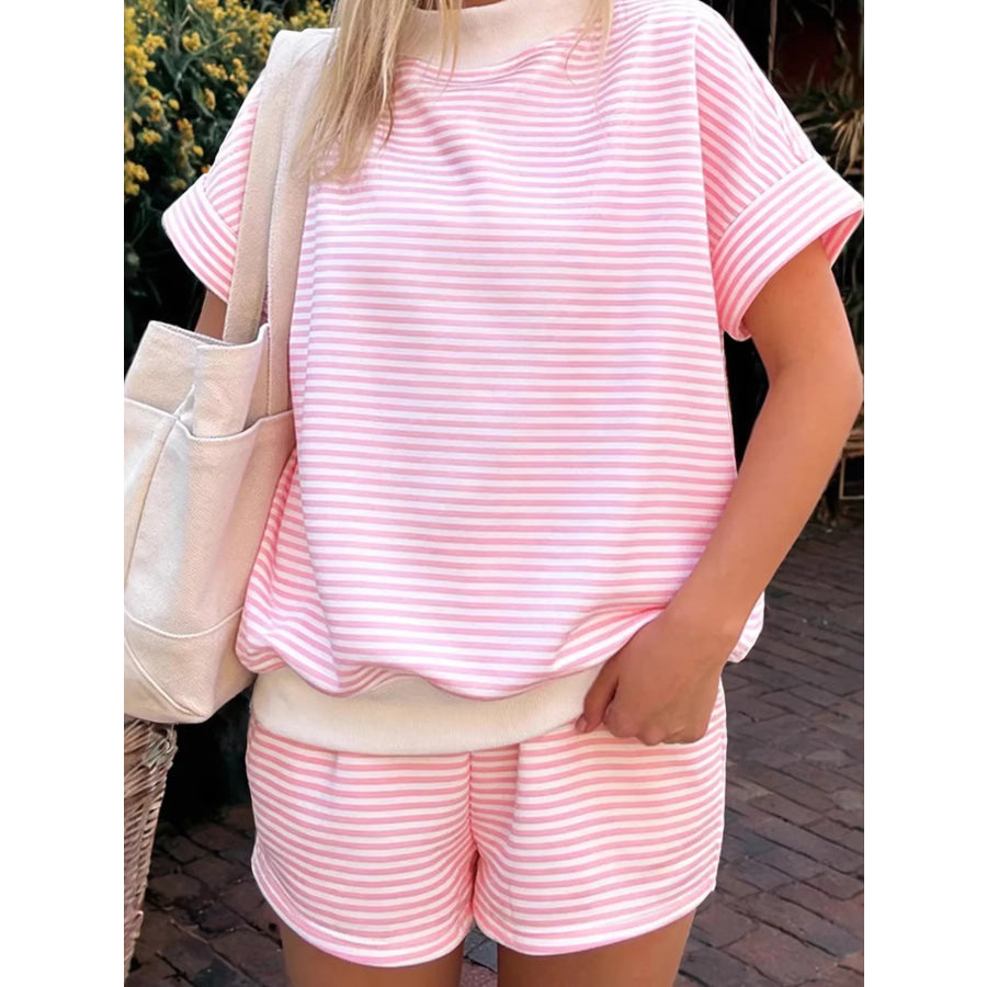 Full Size Striped Round Neck Tee and Shorts Set Plus Size Pink / S Apparel and Accessories