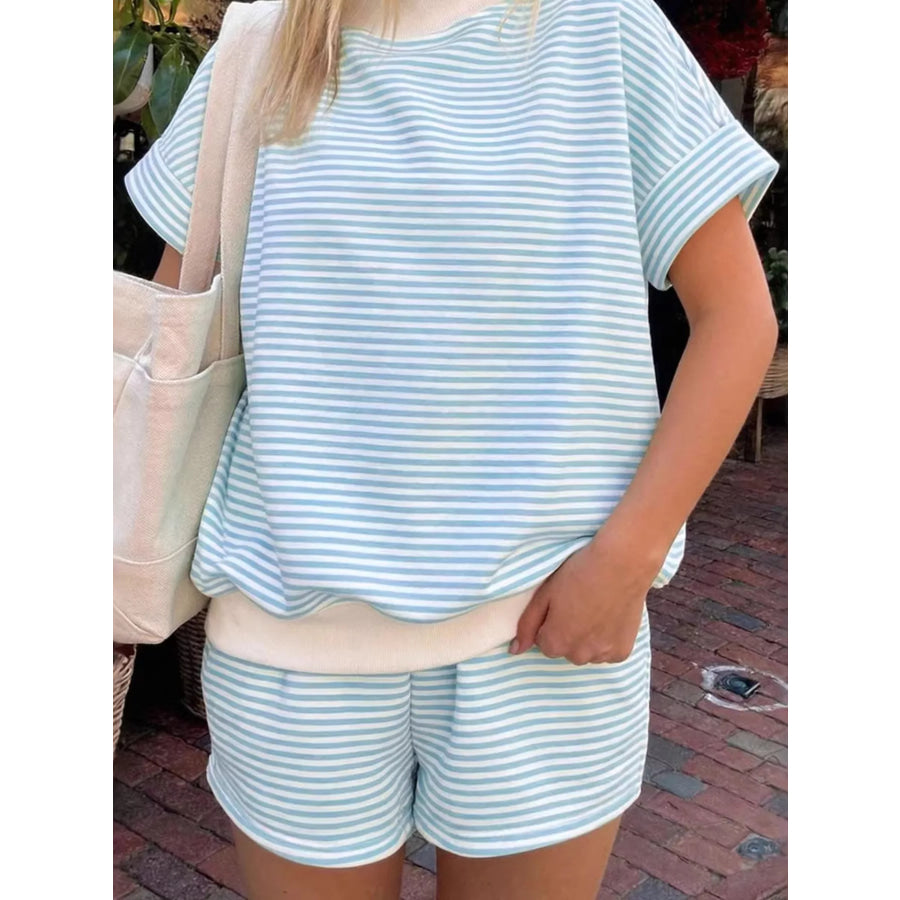 Full Size Striped Round Neck Tee and Shorts Set Plus Size Sky Blue / S Apparel and Accessories