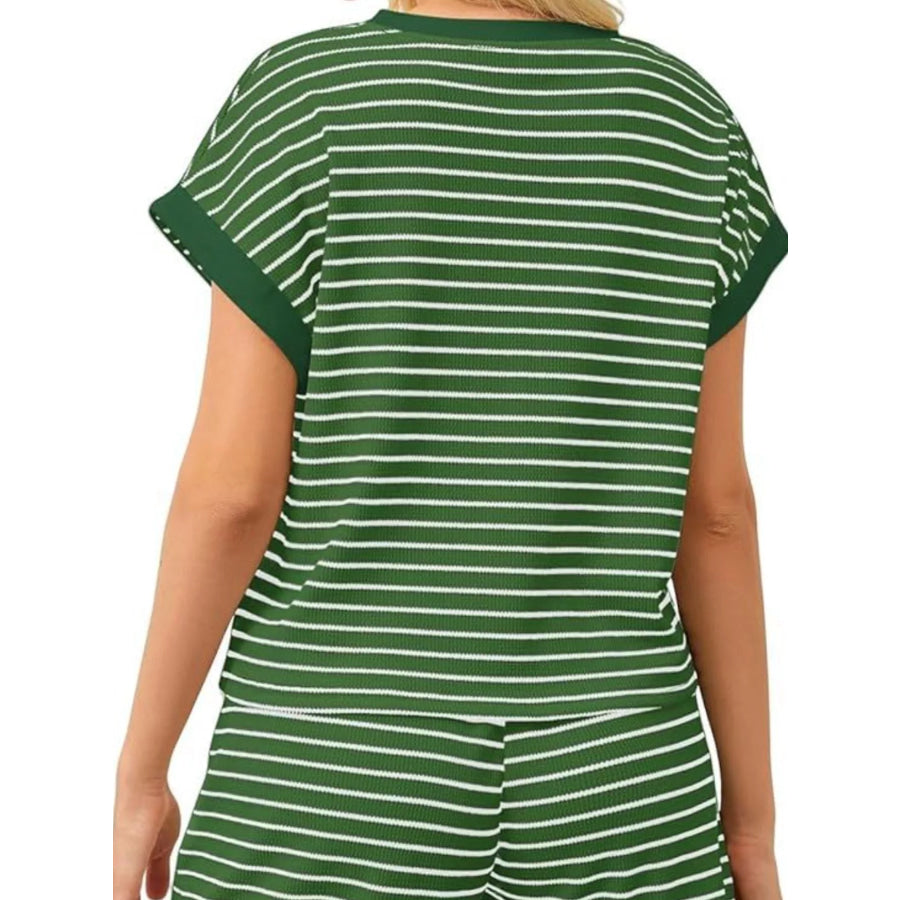 Full Size Striped Round Neck Top and Shorts Set Plus Size Apparel and Accessories