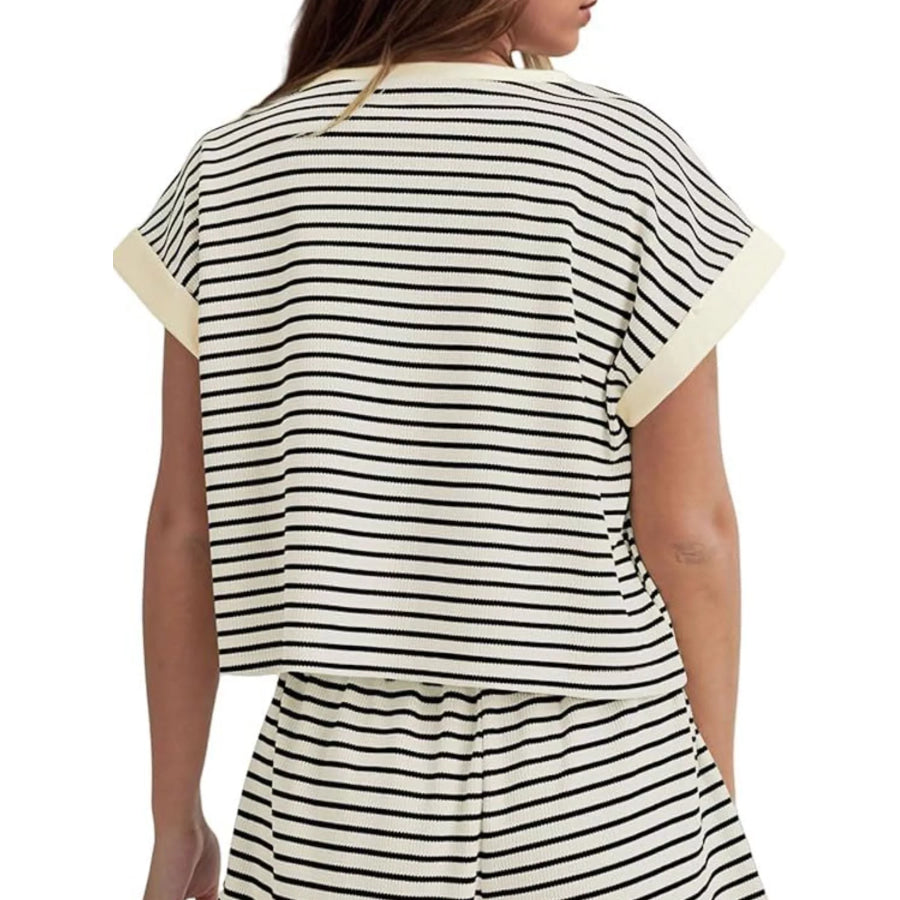 Full Size Striped Round Neck Top and Shorts Set Plus Size Apparel and Accessories