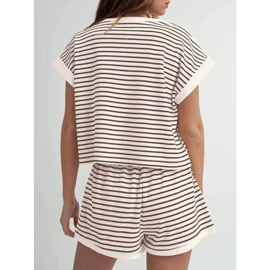 Full Size Striped Round Neck Top and Shorts Set Plus Size Apparel and Accessories