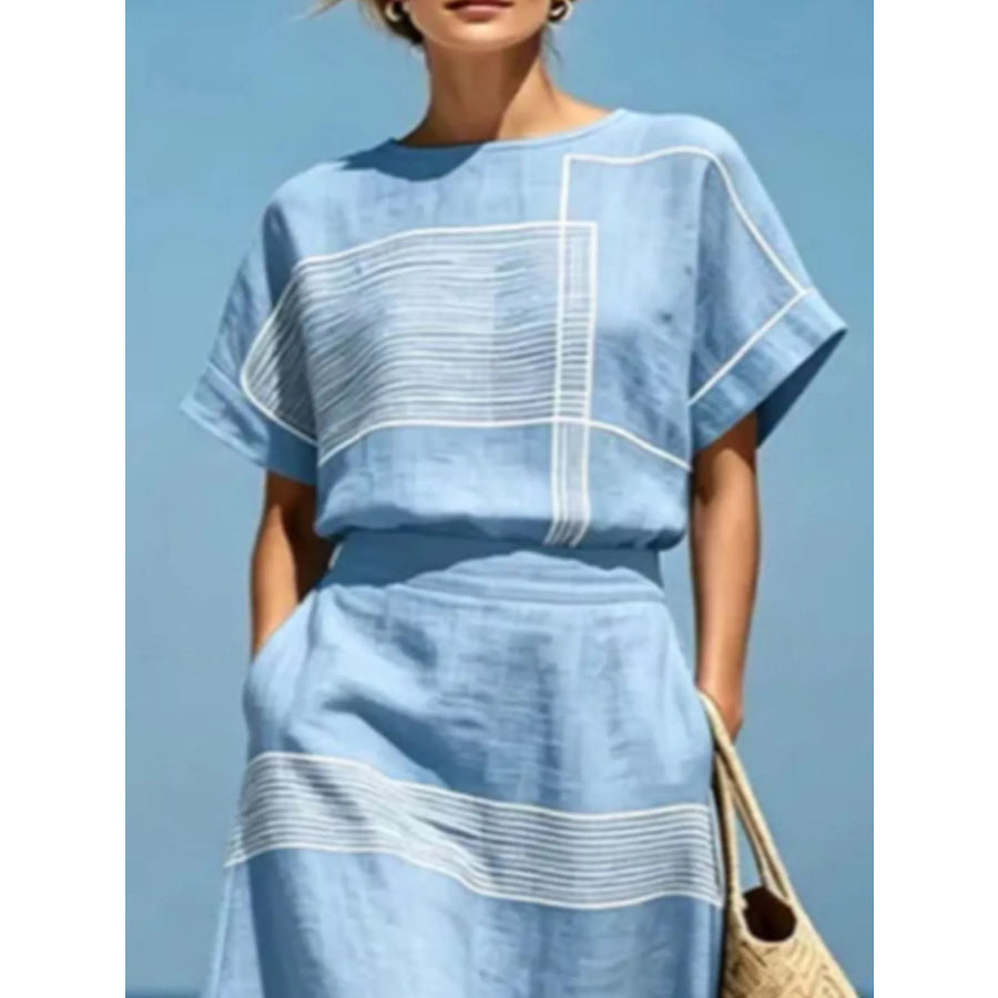 Full Size Striped Round Neck Top and Skirt Set Plus Sky Blue / XS Apparel Accessories