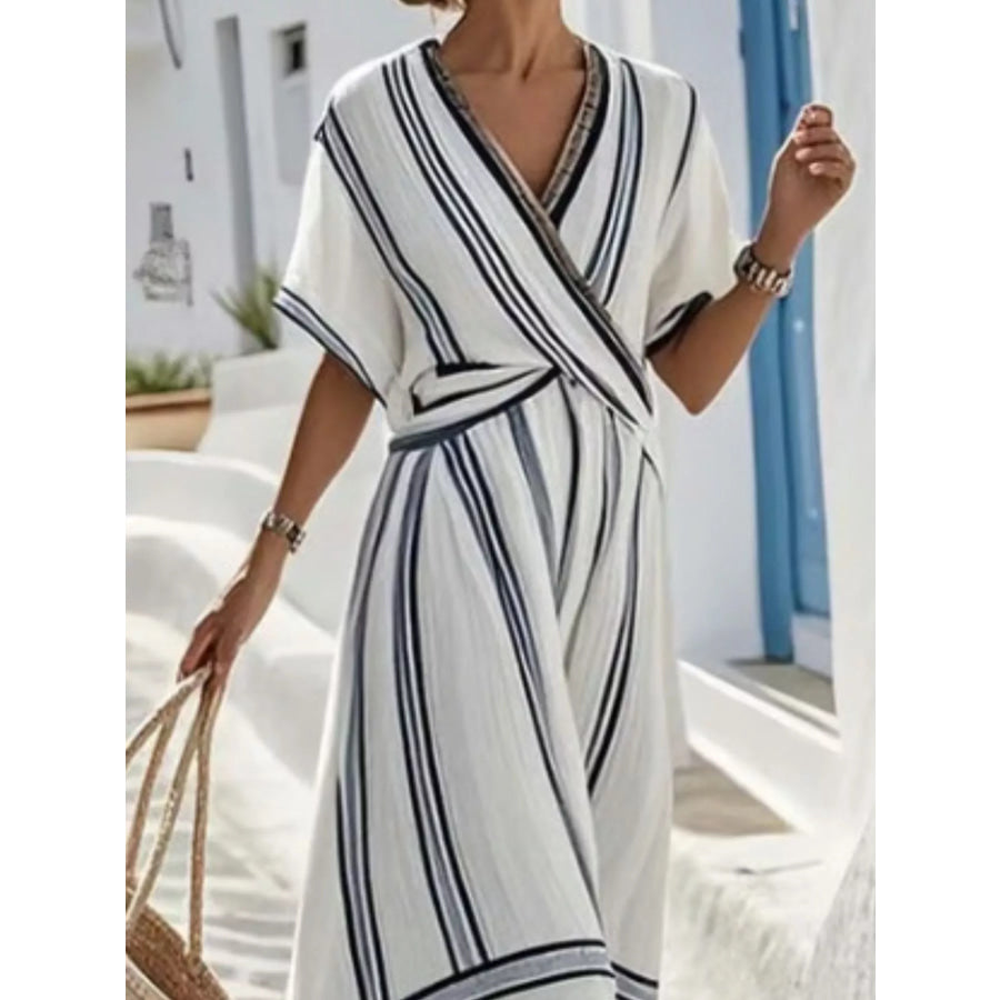 Full Size Striped Short Sleeve Wrap Maxi Dress Plus Size Apparel and Accessories