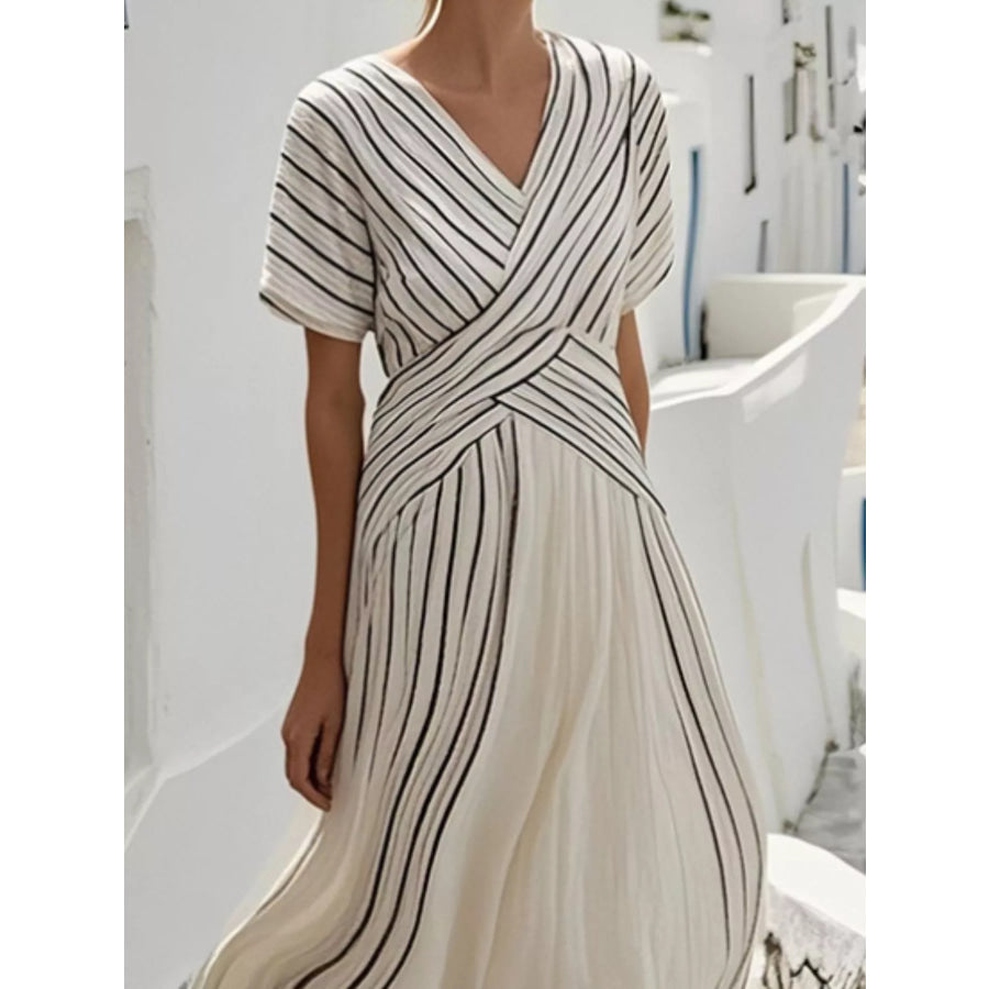 Full Size Striped Short Sleeve Wrap Maxi Dress Plus Apparel and Accessories