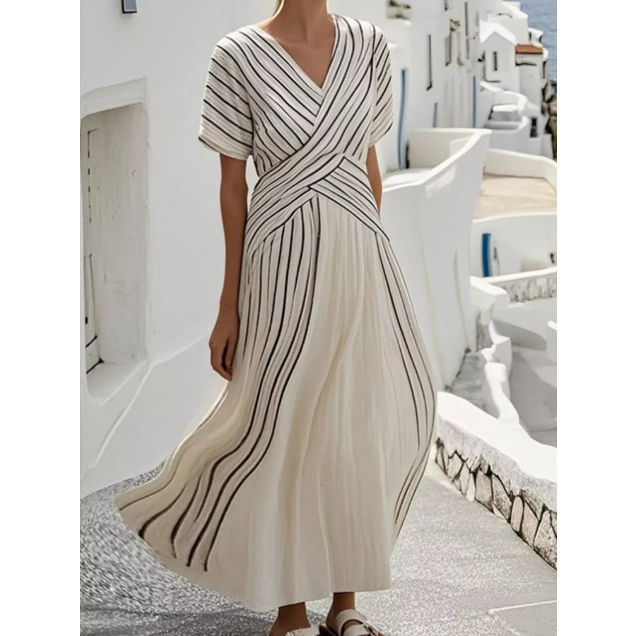 Full Size Striped Short Sleeve Wrap Maxi Dress Plus Beige / S Apparel and Accessories