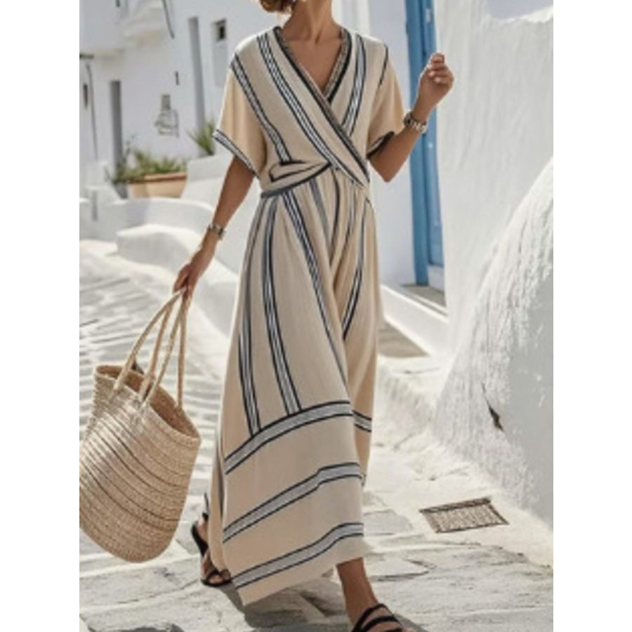 Full Size Striped Short Sleeve Wrap Maxi Dress Plus Size Tan / S Apparel and Accessories