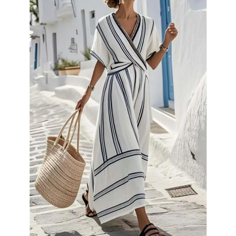Full Size Striped Short Sleeve Wrap Maxi Dress Plus Size White / S Apparel and Accessories
