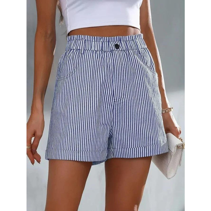 Full Size Striped Shorts with Pockets Dusty Blue / S Apparel and Accessories