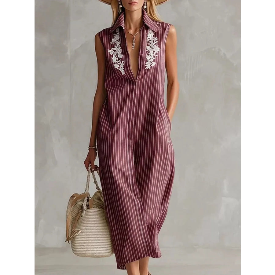 Full Size Striped Sleeveless Collared Neck Shirt Dress Plus Size Crimson / S Apparel and Accessories