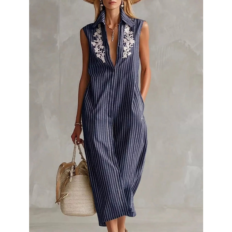Full Size Striped Sleeveless Collared Neck Shirt Dress Plus Size Navy Blue / S Apparel and Accessories