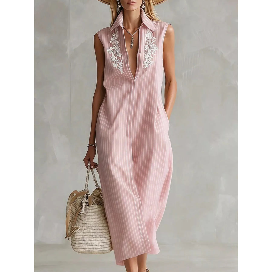Full Size Striped Sleeveless Collared Neck Shirt Dress Plus Size Pink / S Apparel and Accessories