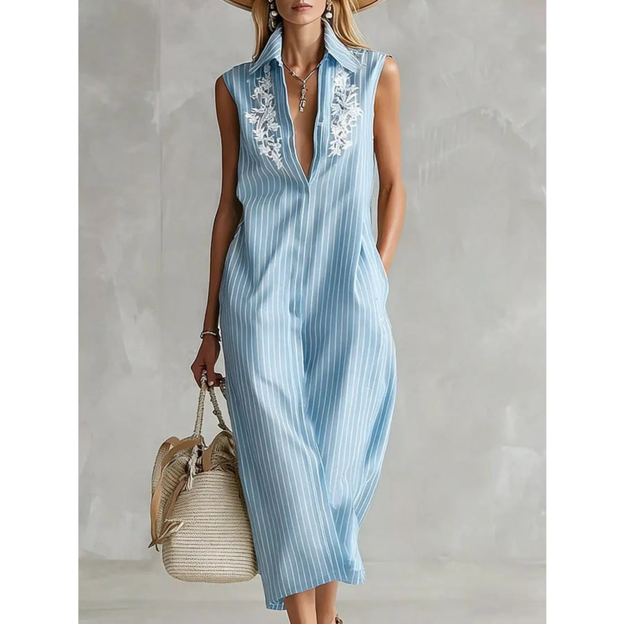 Full Size Striped Sleeveless Collared Neck Shirt Dress Plus Size Sky Blue / S Apparel and Accessories